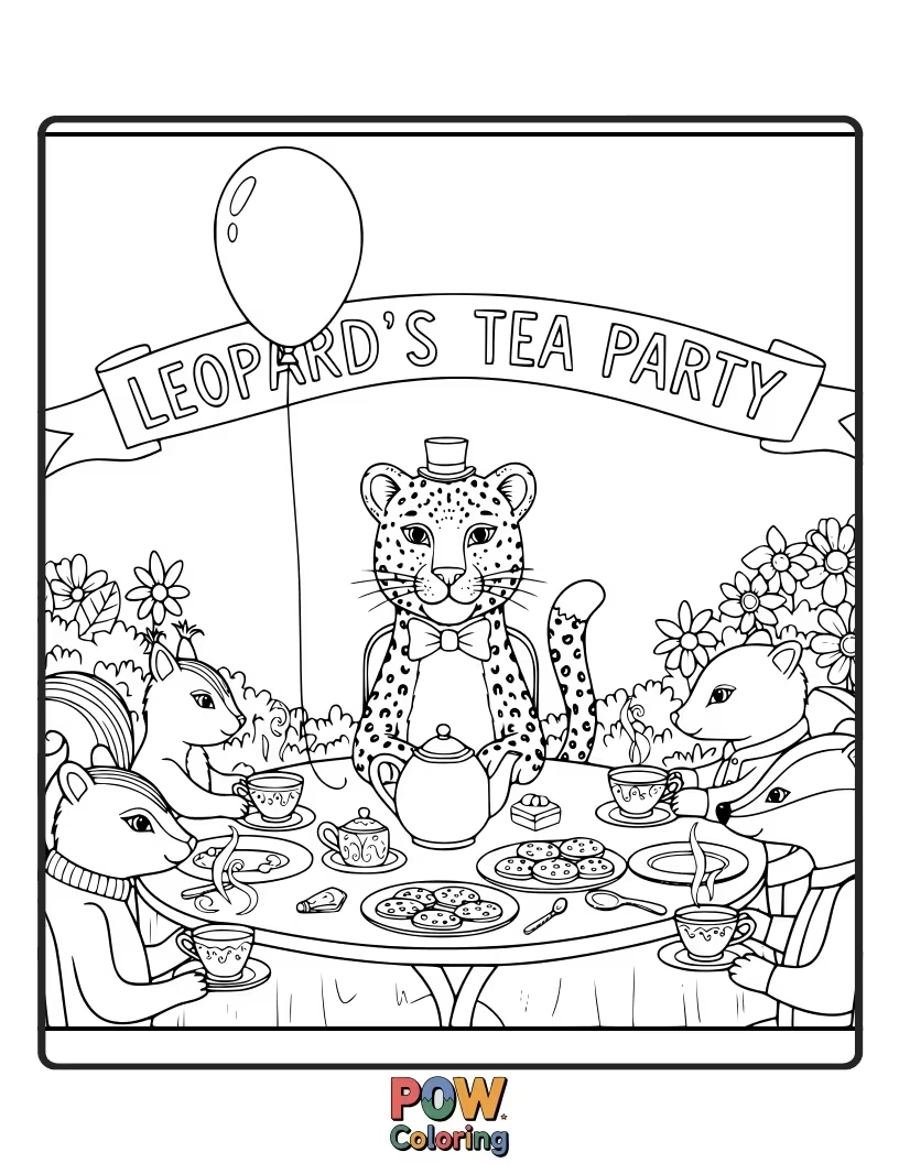 Free coloring page of A sophisticated leopard is hosting a fancy tea party with tiny teacups and a saucer. Who are its guests?