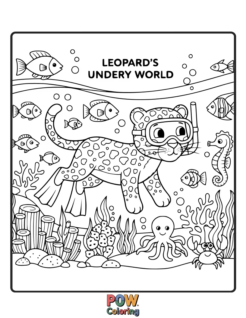 Free coloring page of A curious leopard explores a vibrant coral reef, its spots shimmering like scales. What sea creatures will it meet?