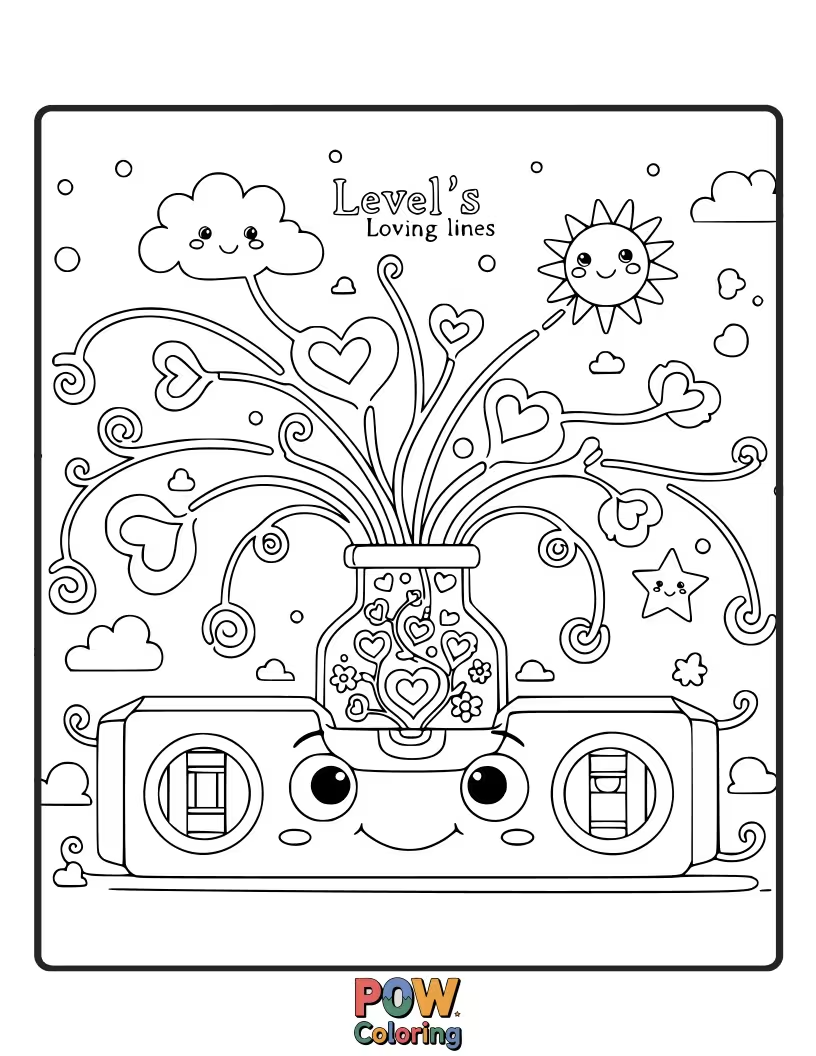 Free coloring page of A spirit level creating perfectly straight lines that form hearts.