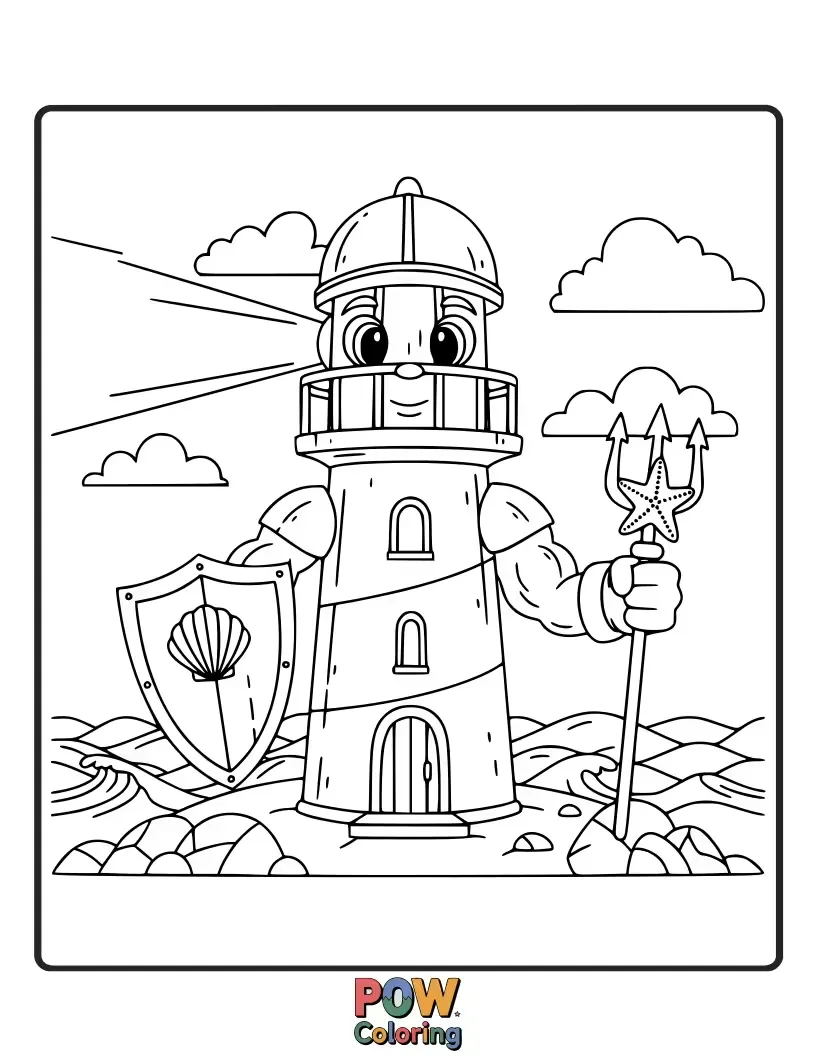 Free coloring page of A friendly lighthouse standing tall on a cliff overlooking a beautiful beach with playful seagulls flying.