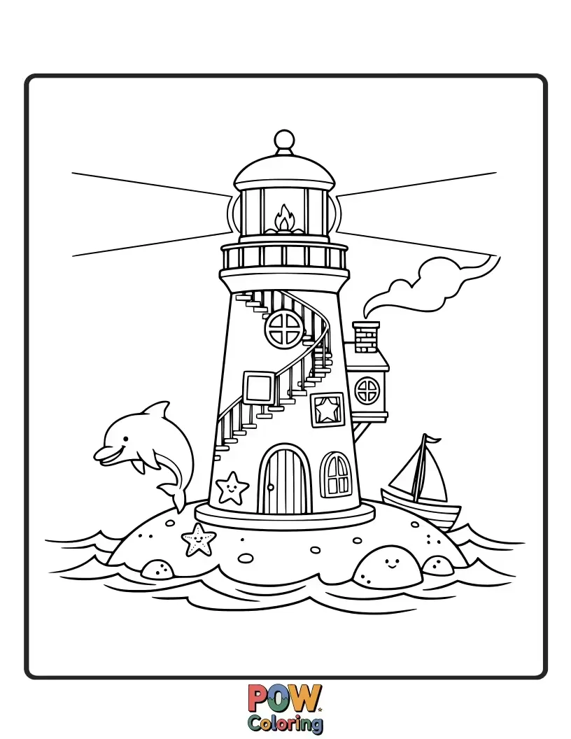 Free coloring page of A tall, friendly lighthouse standing guard over the sea, with a cozy home built into its base. Guiding light!