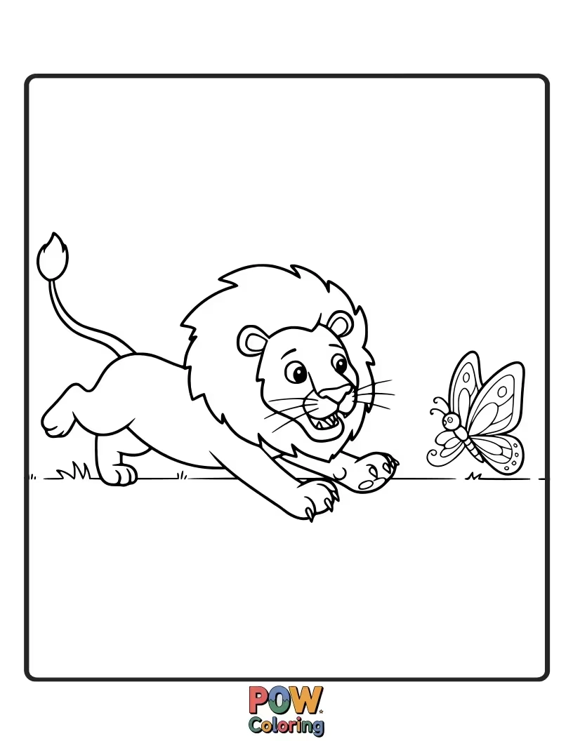 Free coloring page of A gentle lion cub playfully attempting to catch a butterfly.