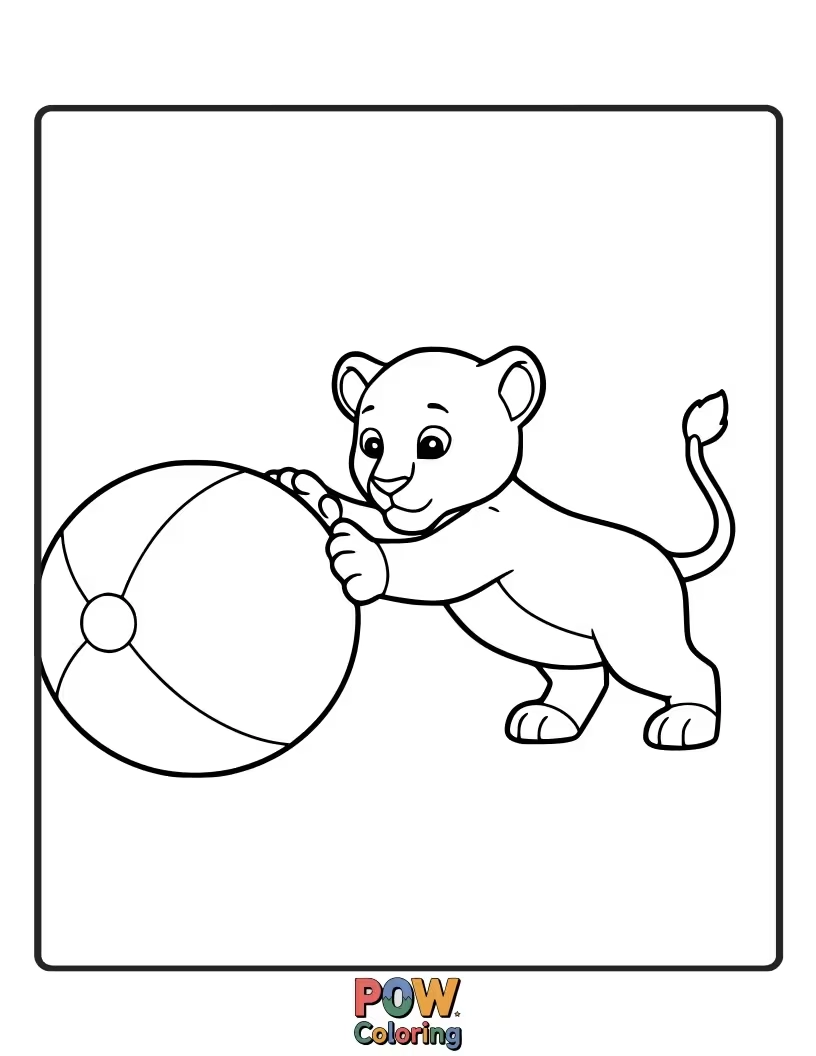 Free coloring page of A playful lion cub chasing or batting a simple ball.