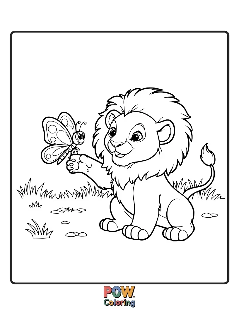 Free coloring page of A sweet lion cub sitting calmly next to a friendly butterfly.