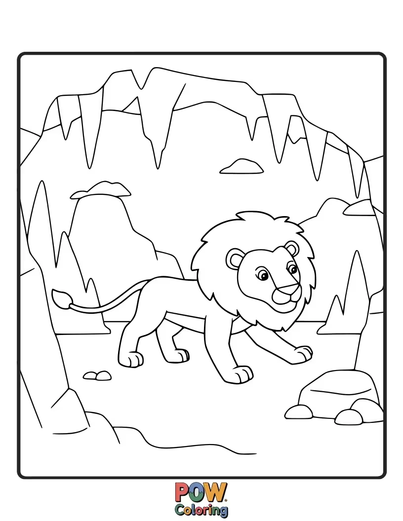 Free coloring page of A lion venturing into a dark cave, creating a sense of mystery.