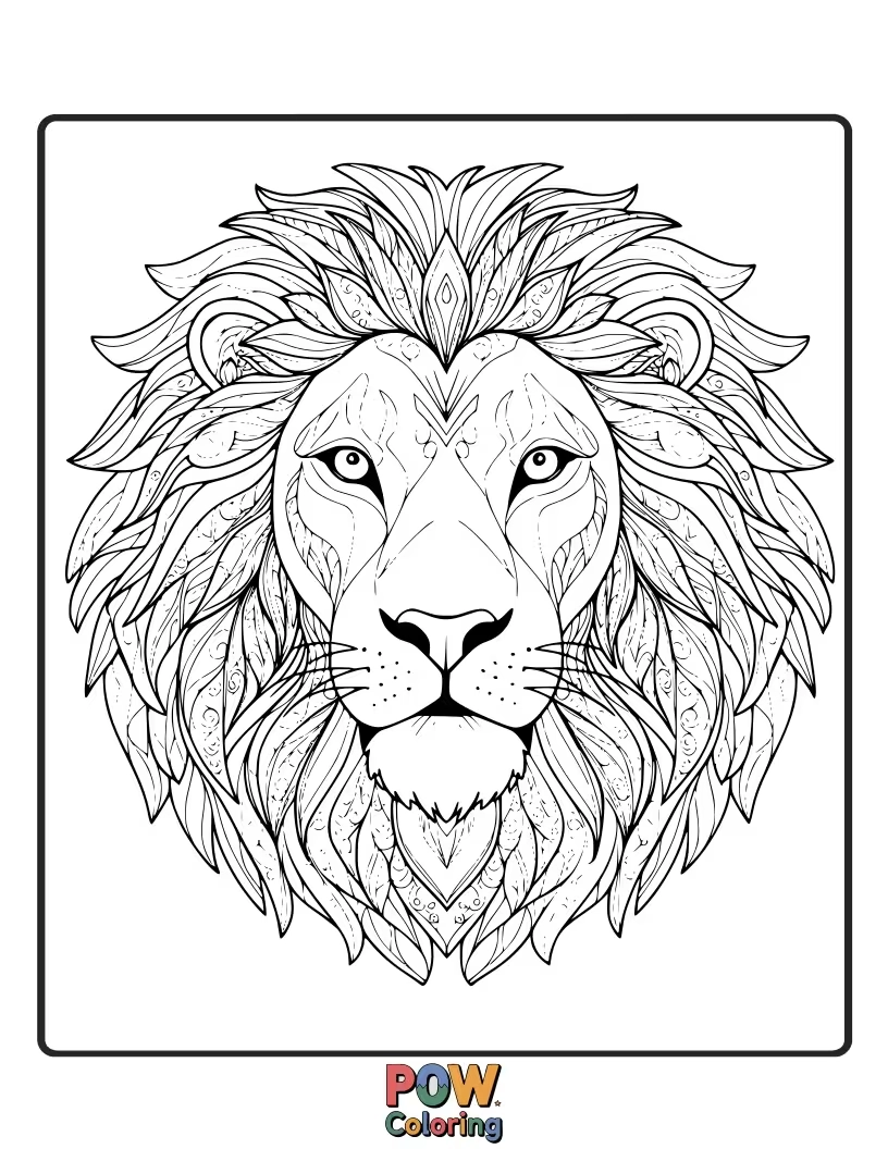 Free coloring page of A detailed lion face incorporated into a beautiful, symmetrical mandala.