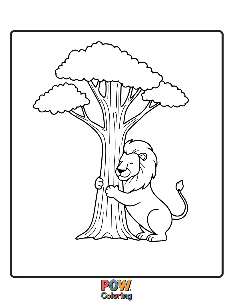 Free coloring page of A gentle lion nuzzling or hugging a tree trunk.