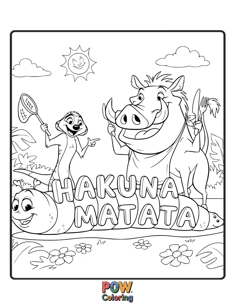 Free coloring page of Timon and Pumbaa gleefully munch on delicious grubs, their faces smeared with joy, embodying pure Hakuna Matata bliss.