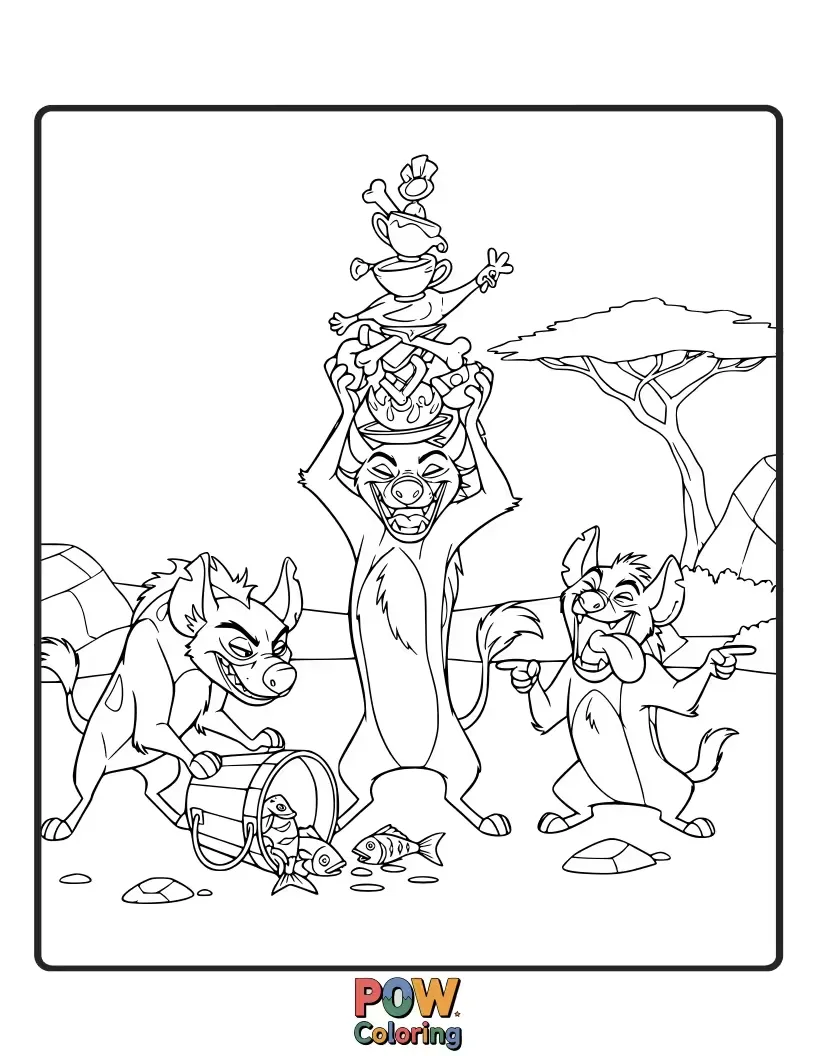 Free coloring page of Shenzi, Banzai, and Ed engage in some chaotic and comical hyena antics, their laughter echoing through the savanna.