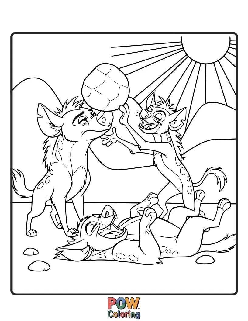 Free coloring page of Janja and his hyena clan attempting a clumsy, uncoordinated game of tag, resulting in humorous tumbles.
