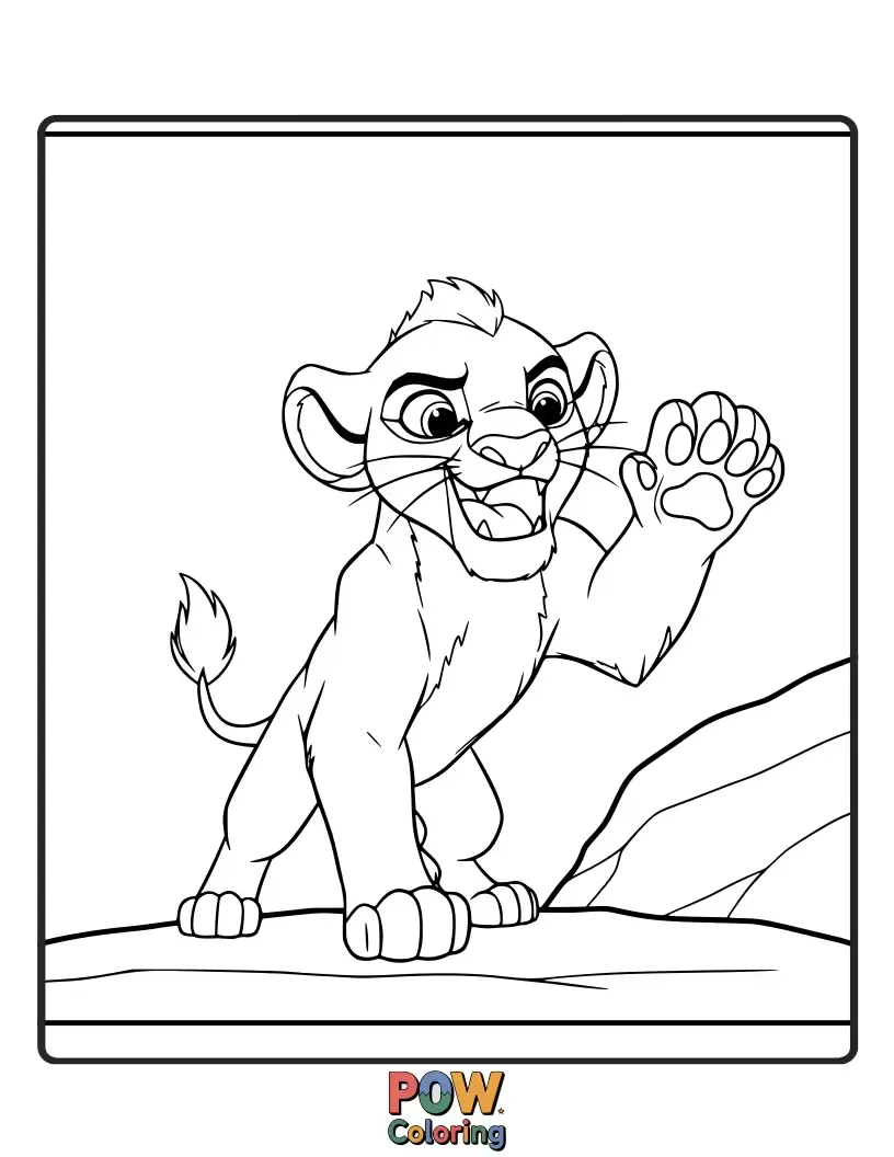 Free coloring page of A determined Kion, leader of the Lion Guard, bravely stands guard with his paw raised, ready to protect.