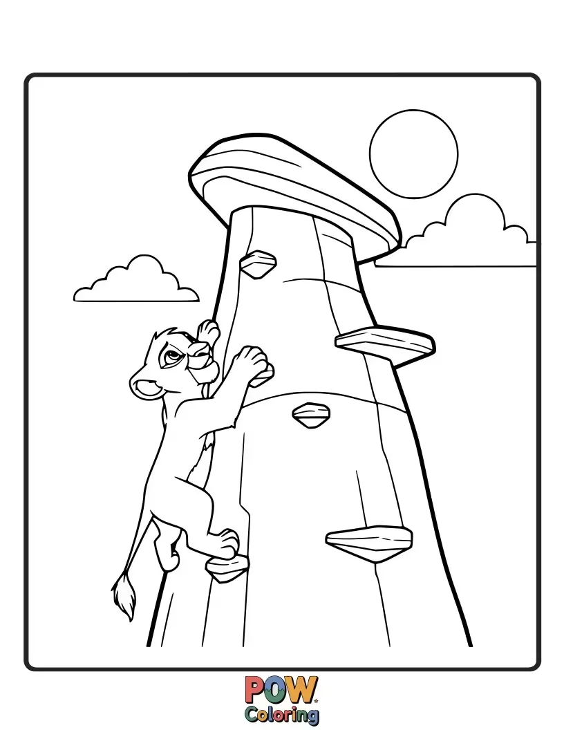 Free coloring page of A tiny Kiara, full of adventurous spirit, attempts to climb a small rock, her little paws scrabbling for grip.