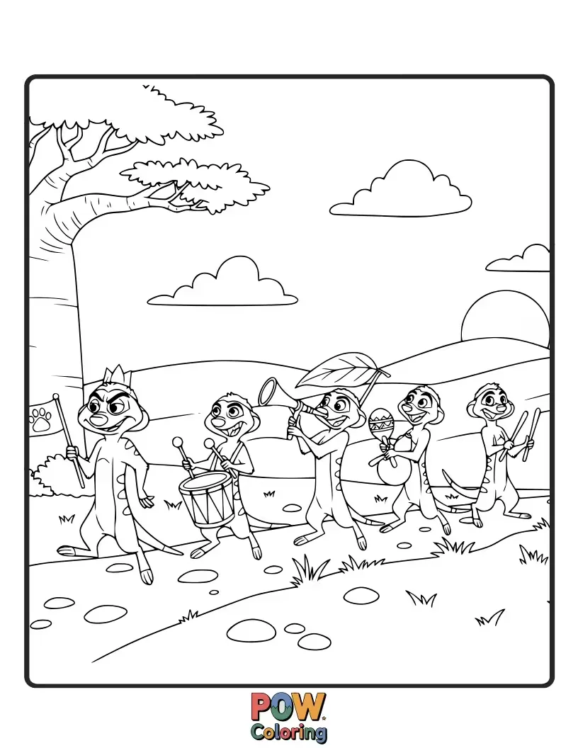 Free coloring page of Timon leads a hilarious parade of meerkats, each with a unique expression and pose, marching with pride.