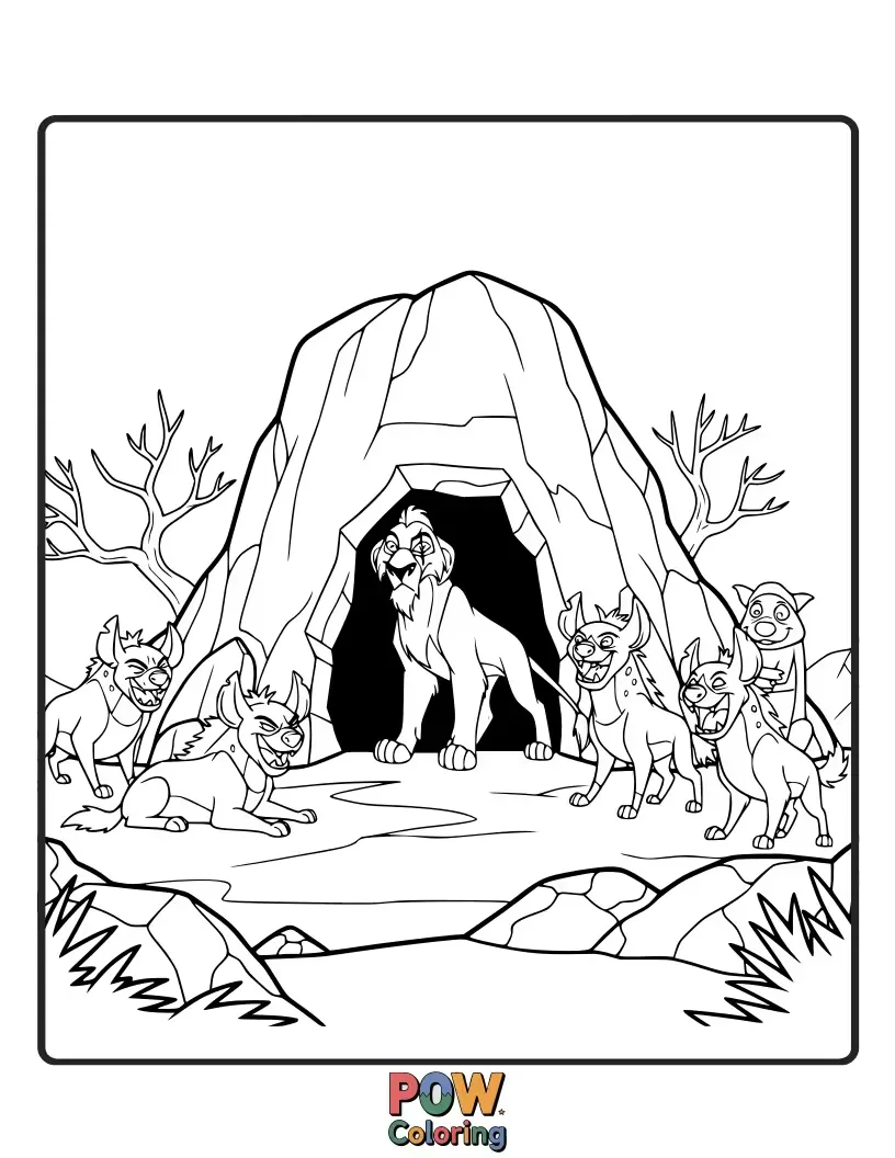 Free coloring page of The Outlanders, Zira and her followers, gathered in a secluded, rocky hideout, plotting their next move.