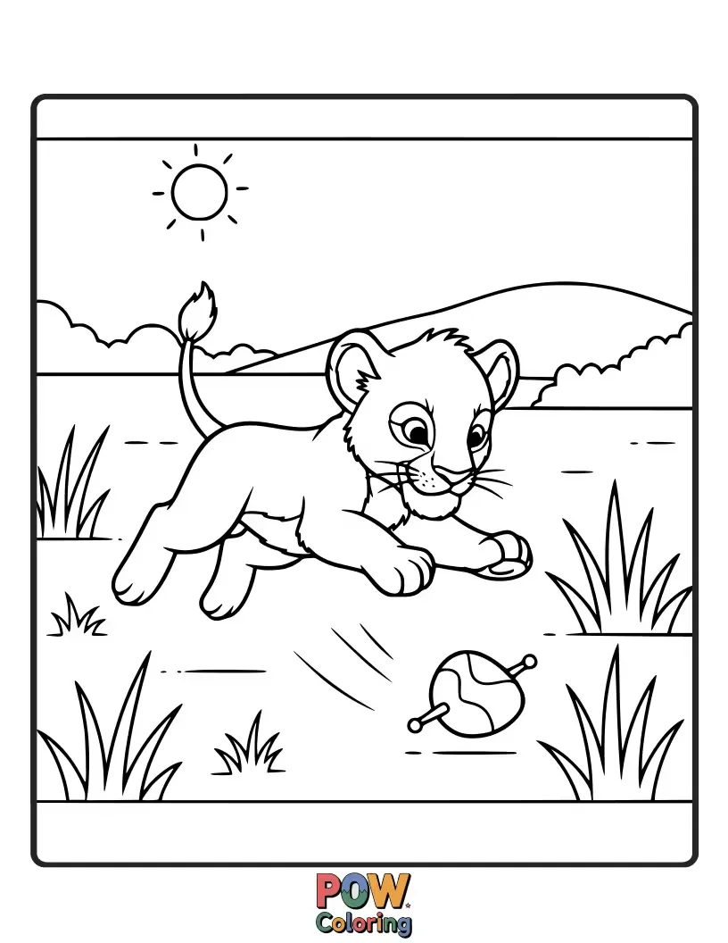 Free coloring page of Little Simba, full of energy, attempts a clumsy pounce on a fluttering butterfly, showcasing his adorable, uncoordinated hunting skills.