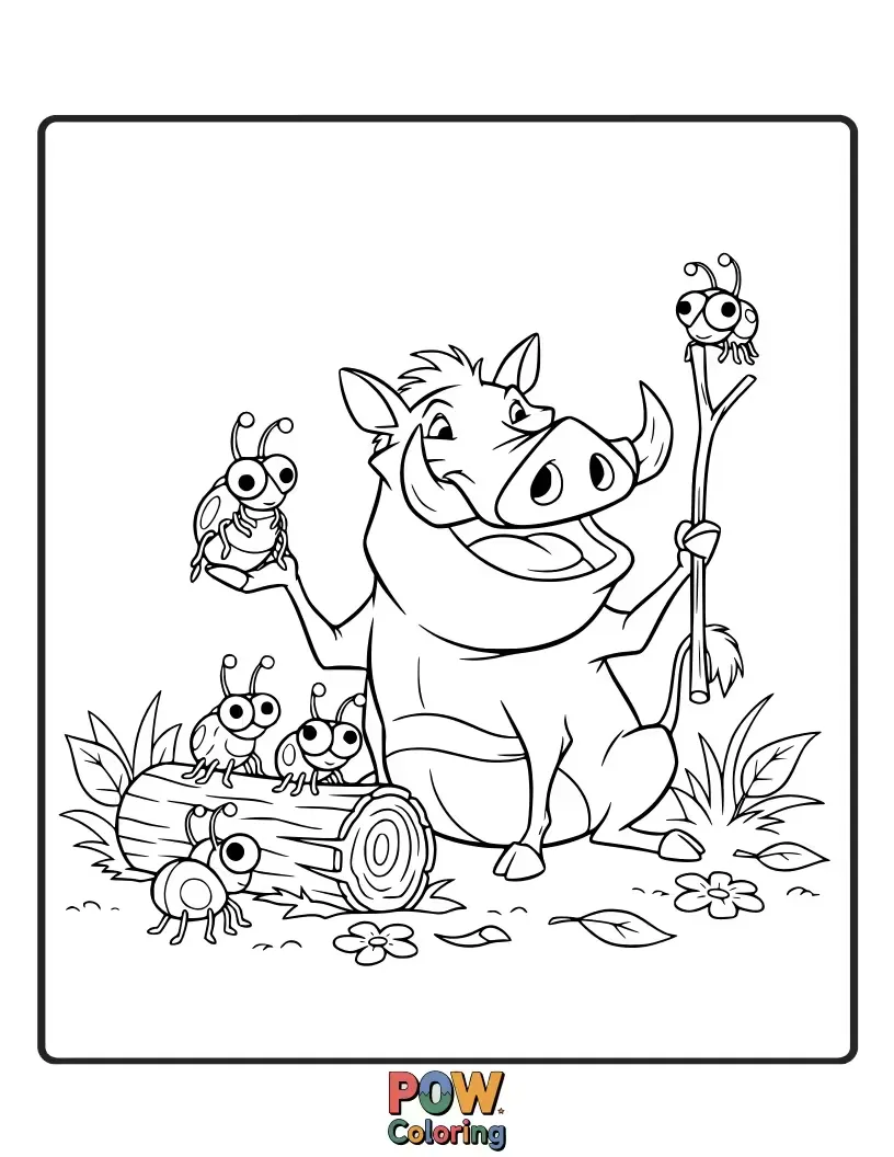 Free coloring page of Pumbaa happily devours a giant, juicy bug, his eyes closed in pure gastronomic delight, a funny, satisfied expression.