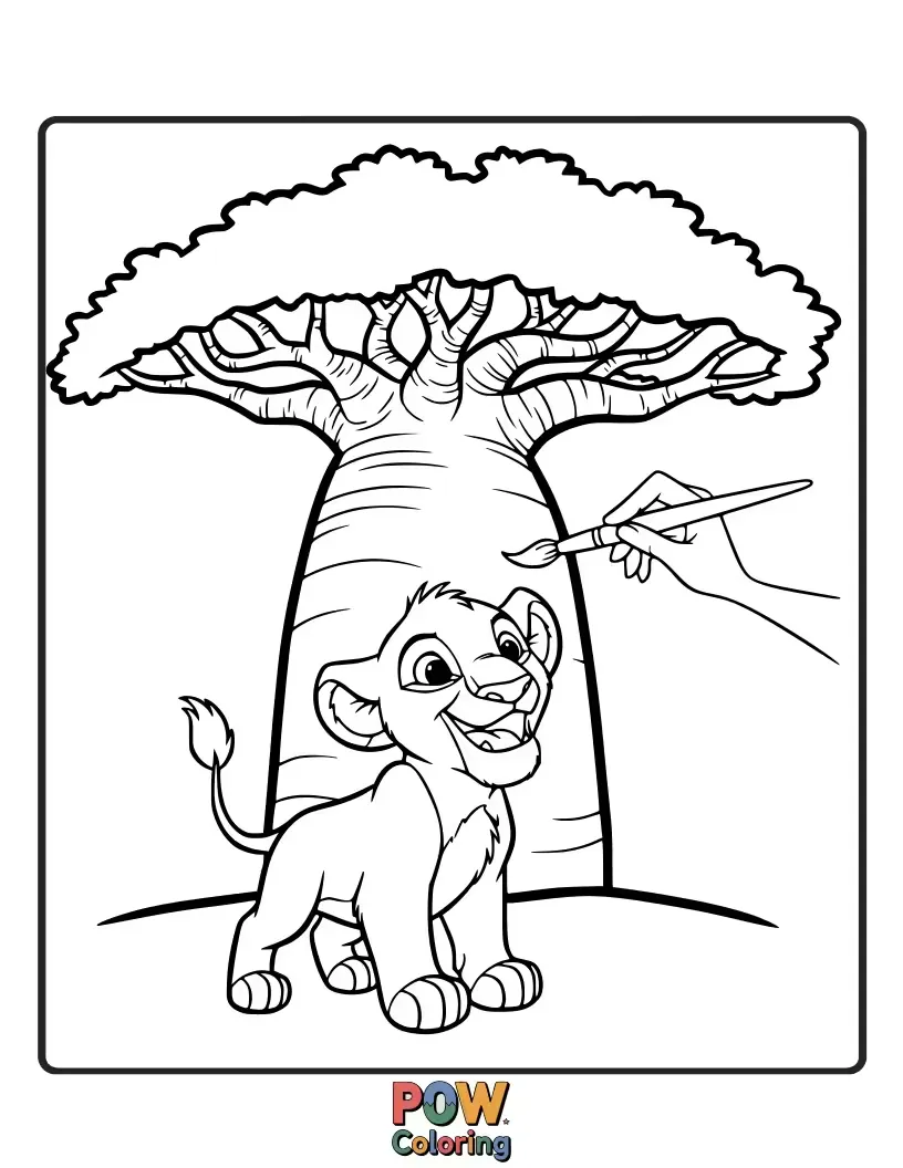 Free coloring page of Rafiki joyfully paints a vibrant scene on a rock, depicting the circle of life with colorful strokes.
