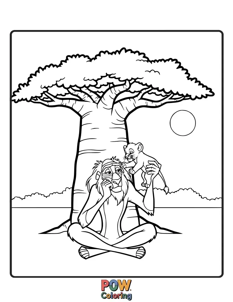 Free coloring page of Rafiki, holding his staff, imparts wise advice to a curious young lion cub, his face full of gentle understanding.