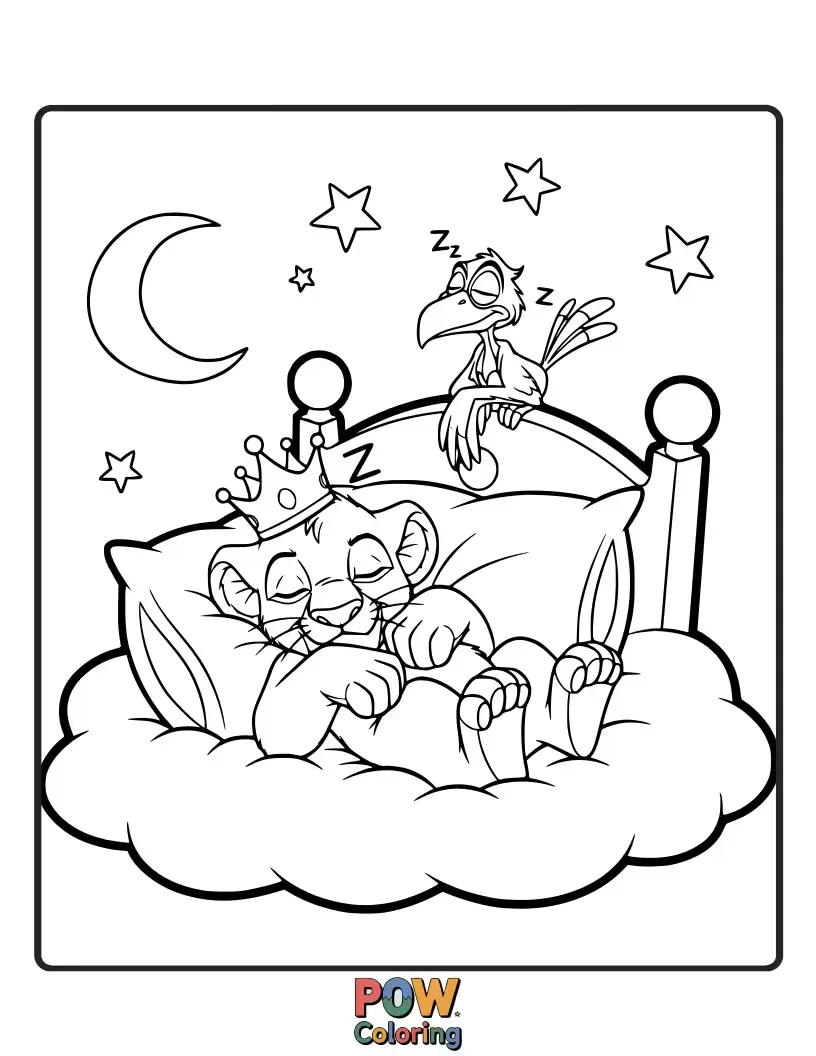 Free coloring page of Mufasa and Sarabi share a peaceful, majestic nap on Pride Rock, bathed in the warm glow of the setting sun.