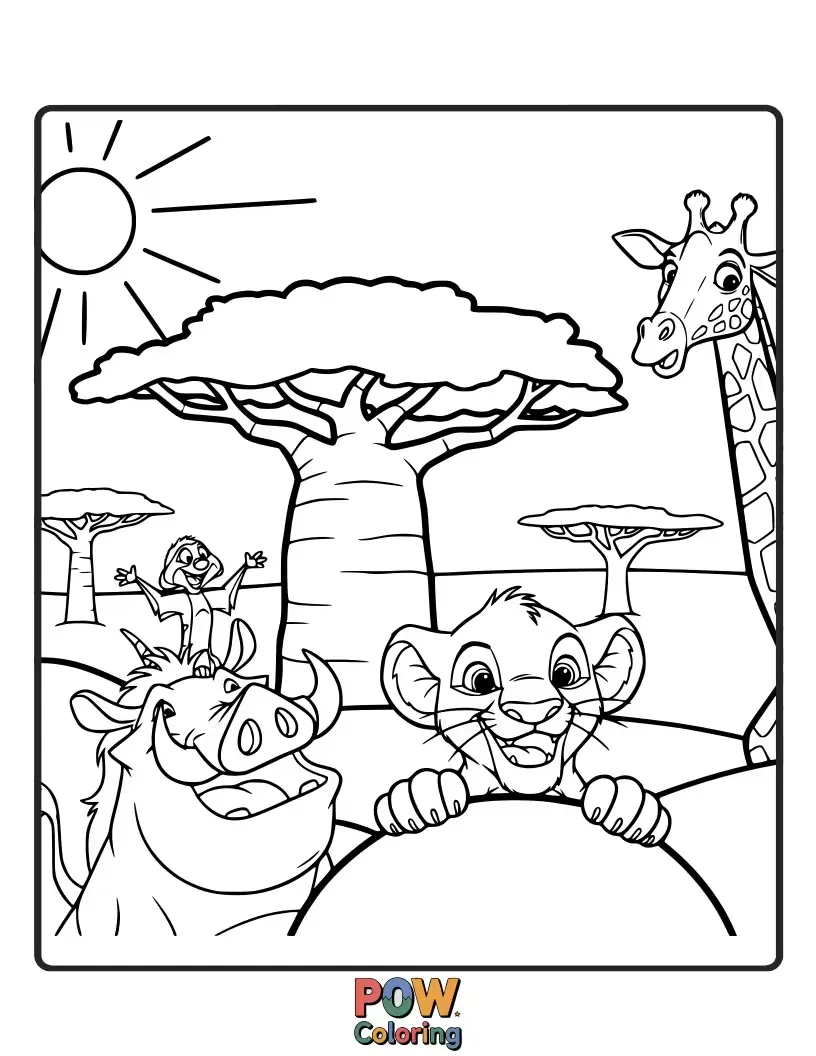 Free coloring page of A mischievous Simba peeks out from behind a lush acacia tree, his eyes wide with playful curiosity, ready for an adventure.
