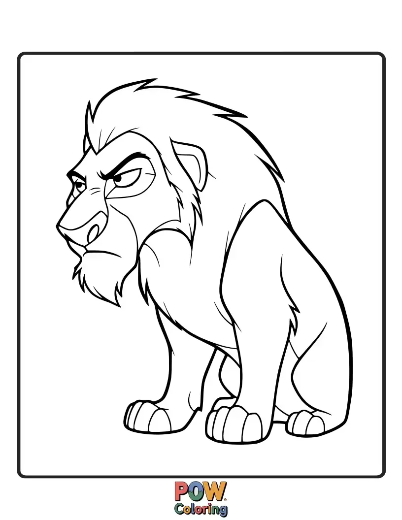 Free coloring page of A dramatic scene where Scar casts a long, menacing shadow over a worried Rafiki, hinting at his villainous plot.