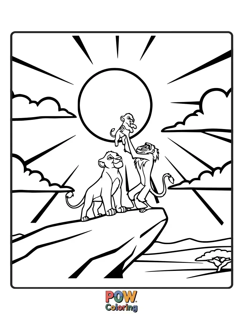 Free coloring page of Simba, now a grown lion, stands proudly on Pride Rock, bathed in sunlight, embracing his destiny.