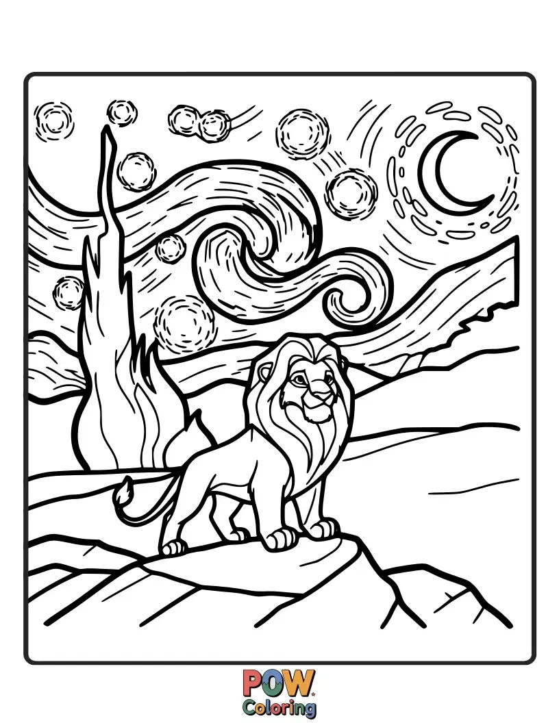 Free coloring page of A contemplative Simba gazes up at a breathtaking starry night sky, reflecting on the Great Kings of the Past.
