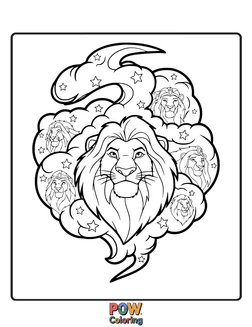 Free coloring page of A montage of the Great Kings of the Past appearing as stars in the sky, watching over the Pride Lands.