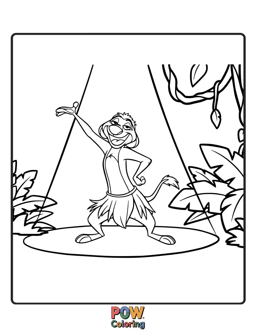 Free coloring page of Timon busts out his signature energetic and quirky dance moves, complete with his own flamboyant style.