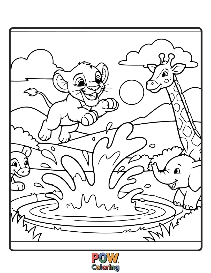 Free coloring page of A collection of young lion cubs, including Kiara, playfully splash and giggle at a vibrant watering hole.