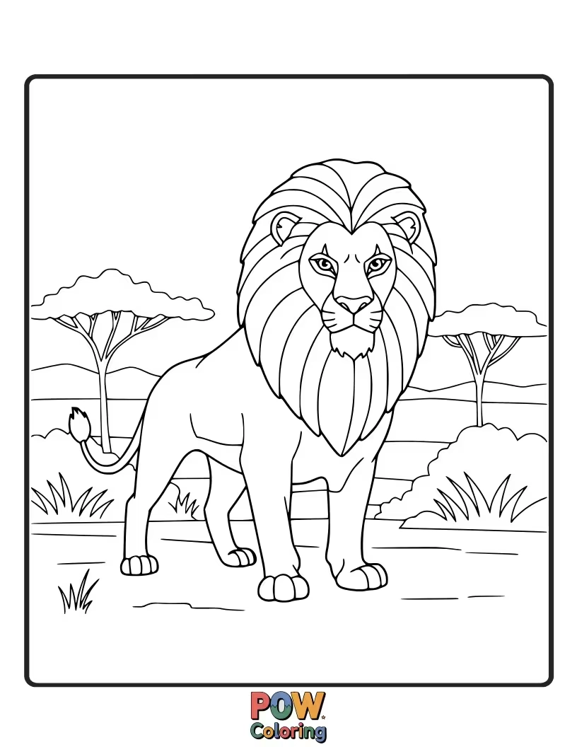 Free coloring page of A powerful lion depicted as the undisputed ruler of its habitat.