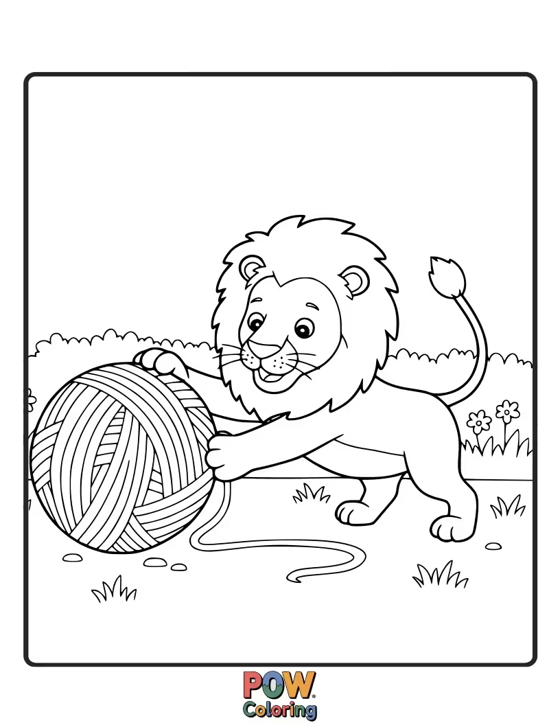 Free coloring page of A kitten-like lion cub batting at a ball of yarn.