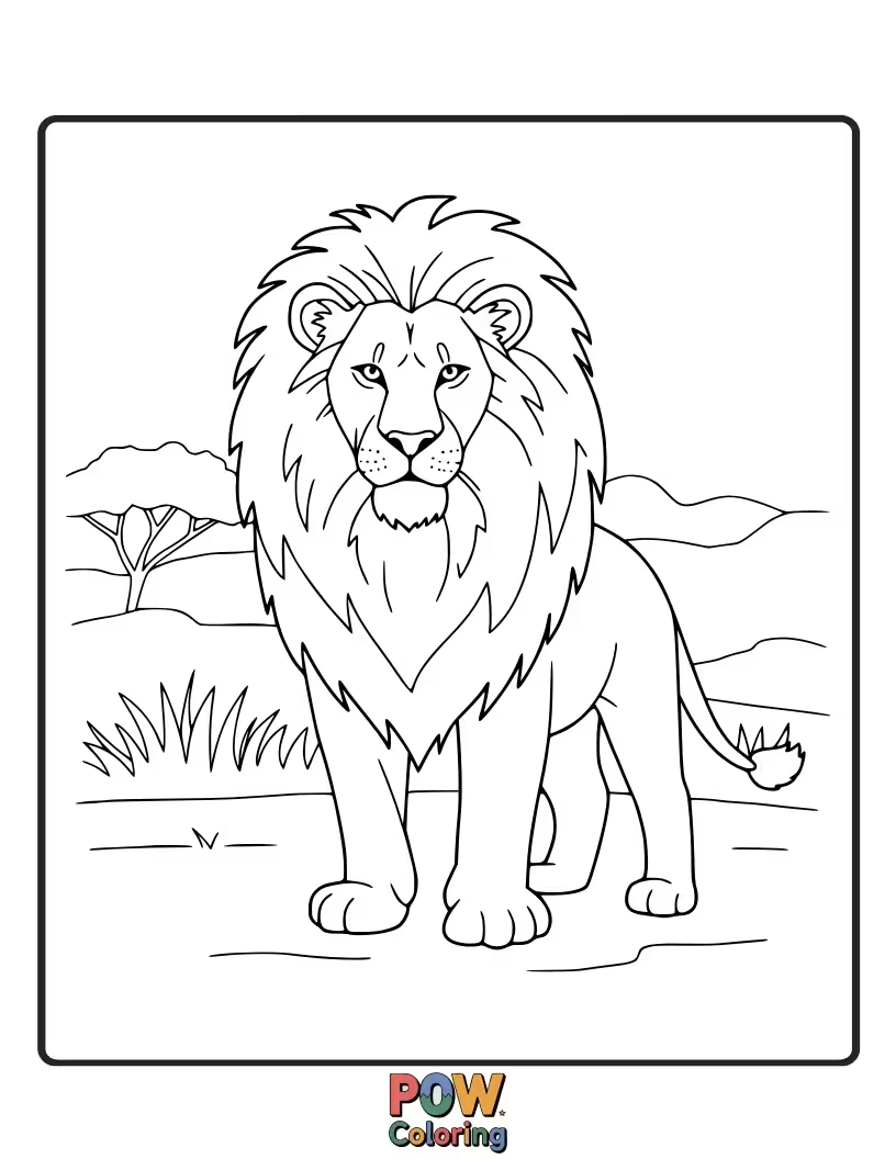 Free coloring page of A lion standing tall and proud, exuding self-assurance and strength.