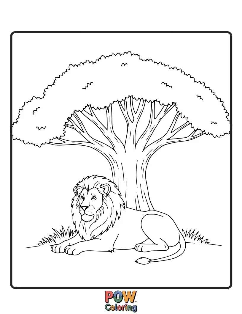 Free coloring page of A relaxed lion taking shade under a leafy tree, perfect for calm coloring.