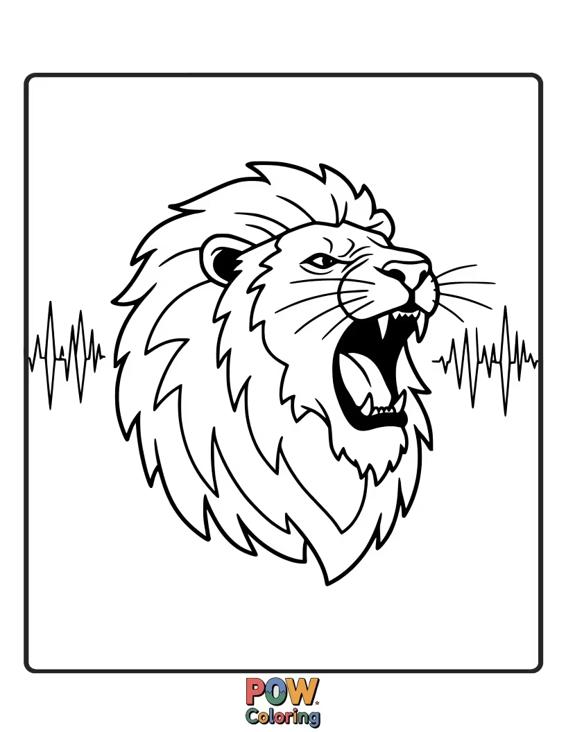 Free coloring page of A creative lion roaring, with stylized sound waves emanating from its mouth.