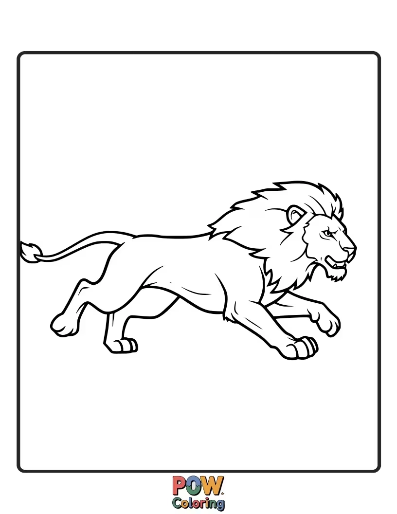 Free coloring page of A dynamic lion in mid-stride, captured in a powerful running pose.