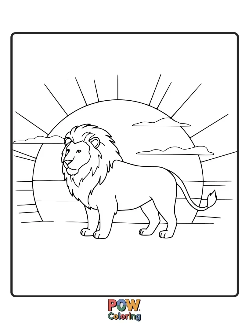 Free coloring page of A striking lion silhouette against a beautiful sunset, creating a dramatic scene.