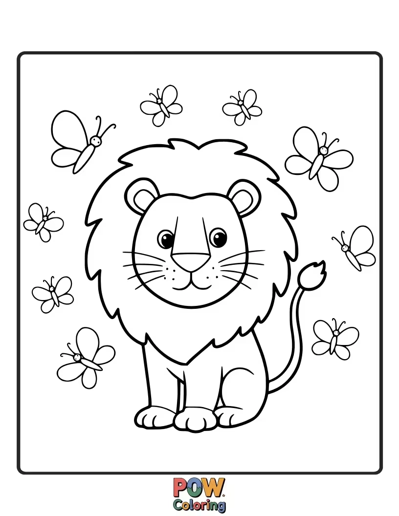 Free coloring page of A gentle lion surrounded by fluttering butterflies, a sweet and peaceful scene.