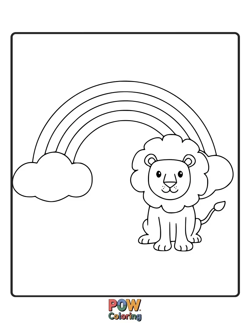 Free coloring page of A happy lion standing beneath a vibrant, colorful rainbow.
