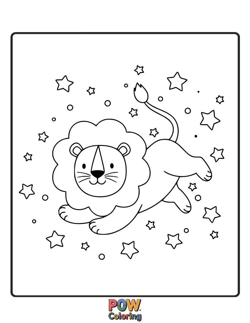 Free coloring page of A lion looking up at a night sky filled with twinkling stars.
