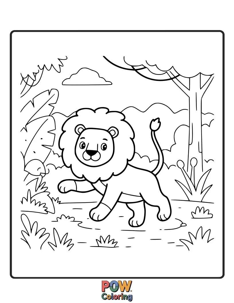 Free coloring page of A lion curiously exploring a lush jungle environment with various plants.