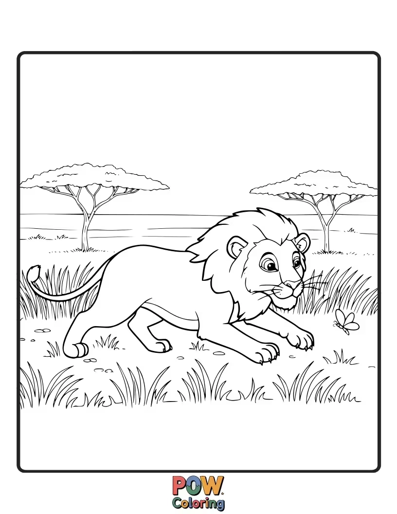 Free coloring page of A lion walks across the vast savannah, with hints of grass and sky.