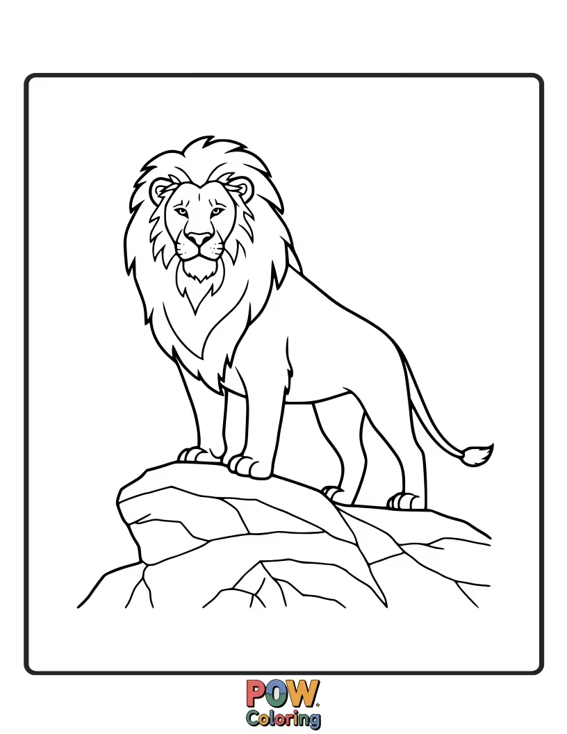 Free coloring page of A lion perched regally atop a large rock formation.
