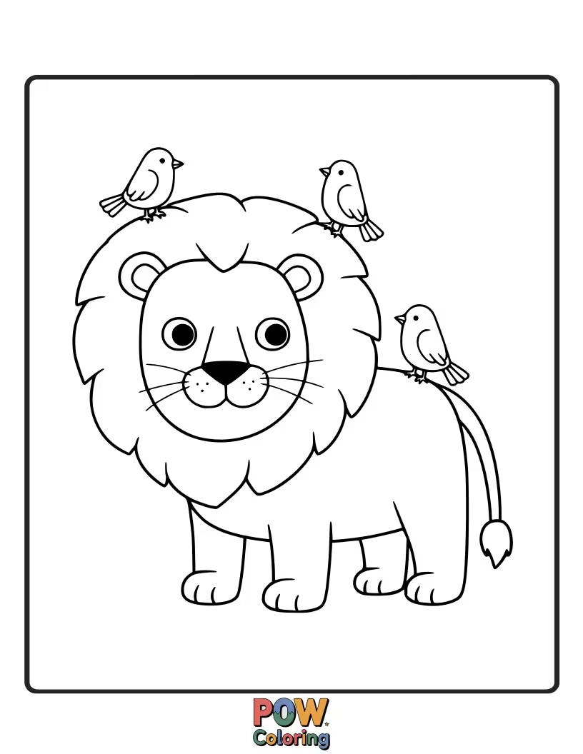 Free coloring page of A majestic lion with small birds perched on its mane or back.