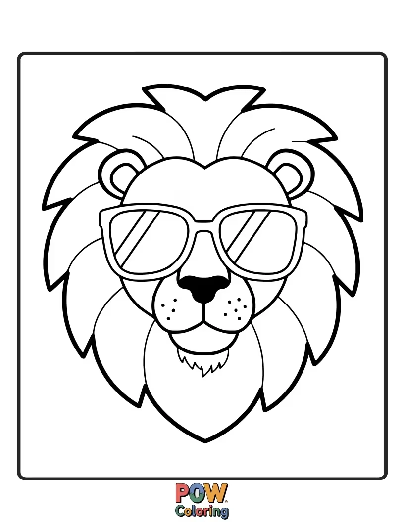 Free coloring page of A fun, cartoonish lion wearing cool sunglasses, ready for summer.
