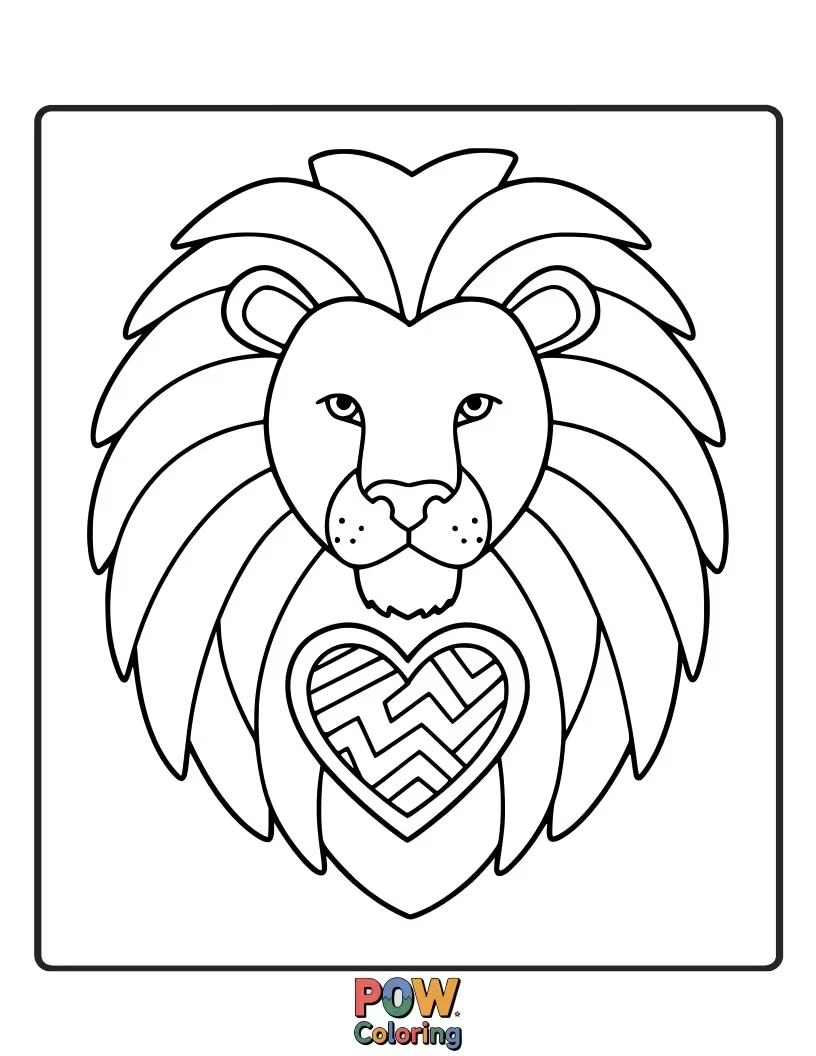 Free coloring page of A lion with a heart symbol integrated into its design, representing bravery.