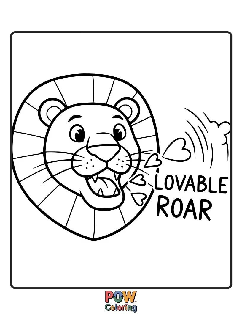 Free coloring page of A gentle lion lets out a tiny, loving roar as it presents a heart-shaped flower to its courageous queen this Valentine's.