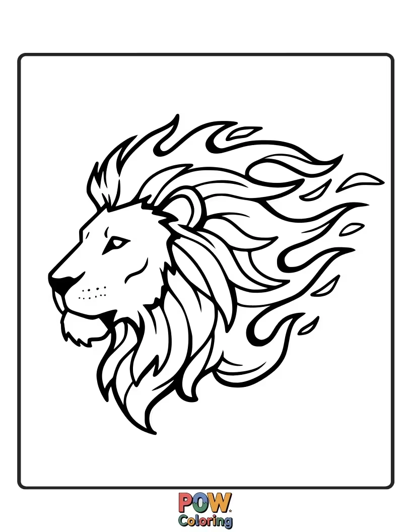 Free coloring page of A dramatic lion with its mane appearing as flames.