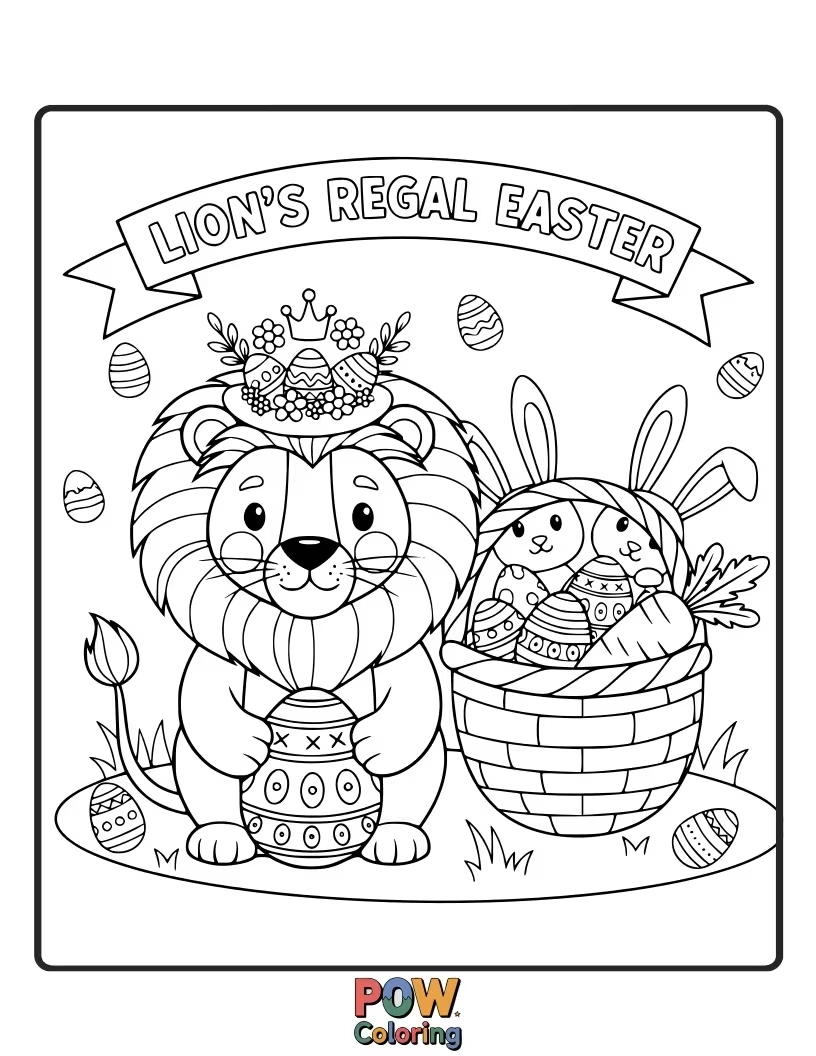 Free coloring page of A majestic lion wearing a crown of flowers, presiding over an Easter egg treasure.