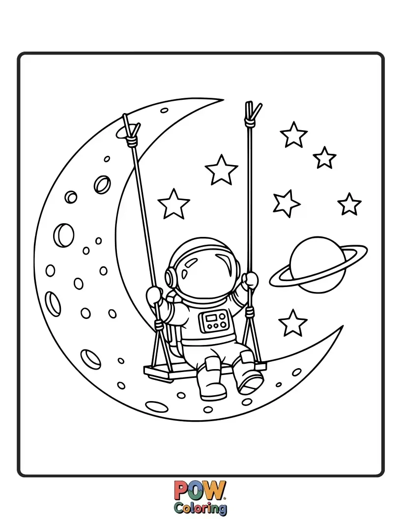 Free coloring page of A curious toddler astronaut swings on a planet-shaped swing, gazing at distant, friendly stars.